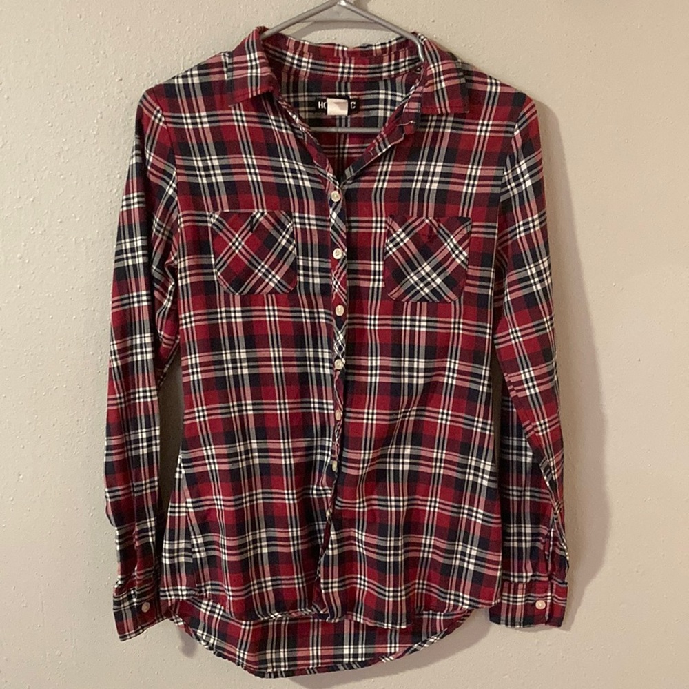 Red plaid button-up; Hot Topic; size Small